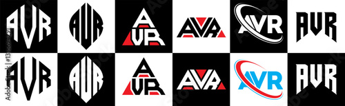 AVR letter logo design in six style. AVR polygon, circle, triangle, hexagon, flat and simple style with black and white color variation letter logo set in one artboard. AVR minimalist and classic logo