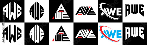 AWE letter logo design in six style. AWE polygon, circle, triangle, hexagon, flat and simple style with black and white color variation letter logo set in one artboard. AWE minimalist and classic logo