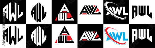 AWL letter logo design in six style. AWL polygon, circle, triangle, hexagon, flat and simple style with black and white color variation letter logo set in one artboard. AWL minimalist and classic logo