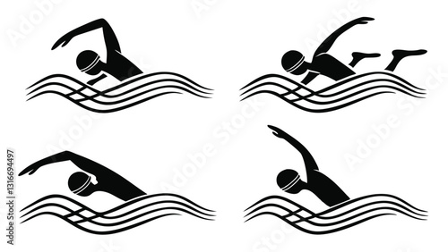 Set of Swimming Silhouettes Illustrating Different Swimming Strokes – Freestyle, Butterfly, Backstroke, and Breaststroke – Black and White Vector Icons
