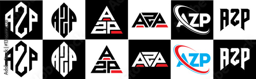AZP letter logo design in six style. AZP polygon, circle, triangle, hexagon, flat and simple style with black and white color variation letter logo set in one artboard. AZP minimalist and classic logo
