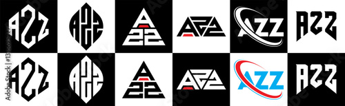 AZZ letter logo design in six style. AZZ polygon, circle, triangle, hexagon, flat and simple style with black and white color variation letter logo set in one artboard. AZZ minimalist and classic logo