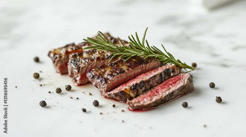 Juicy medium-rare steak boasts a savory dark brown crust, revealing a tender pink center, adorned with a fragrant rosemary sprig. Savor the allure of perfectly cooked meat Juicy medium-rare steak boasts a savory dark brown crust, revealing a tender pink center, adorned with a fragrant rosemary sprig. Savor the allure of perfectly cooked meat