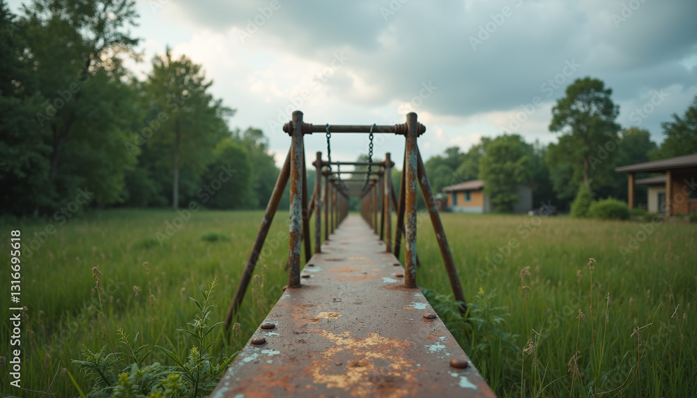 Rusty suspension bridge over grassy field Rusty suspension bridge over grassy field