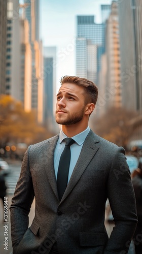 Business Professional Poses Confidently in Busy City Street During Twilight H...