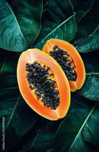Fresh Papaya Sliced Open Revealing Black Seeds on Green Tropical Leaves