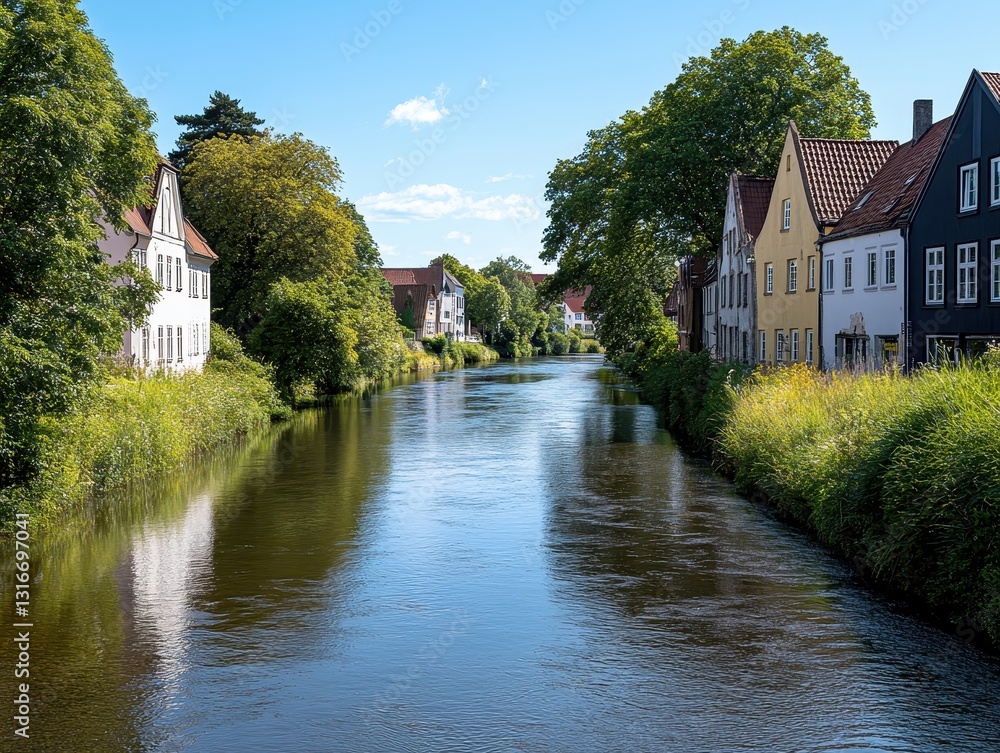 Serene riverside scene with colorful houses reflecting in calm waters