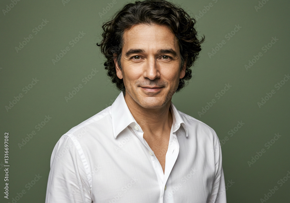 A confident man with curly dark hair and a warm smile, wearing a crisp white shirt against a green background. His relaxed yet stylish look conveys charm, intelligence, and friendliness. A confident man with curly dark hair and a warm smile, wearing a crisp white shirt against a green background. His relaxed yet stylish look conveys charm, intelligence, and friendliness.