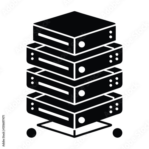 A black and white illustration of a stack of rectangular boxes with small circles. Digital networks Graphic resource for design
