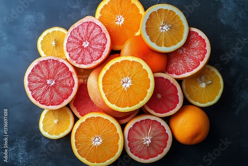 Fresh Citrus Fruits Arranged in a Circular Pattern on a Wooden Surface With G...