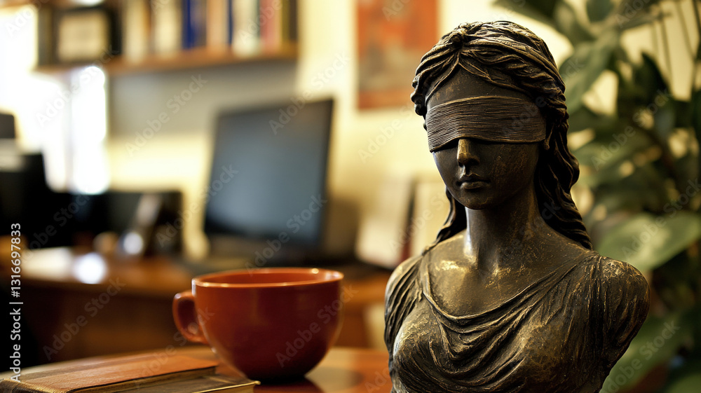Bronze statue of Lady Justice in office, blindfolded goddess with scales, law and justice symbol