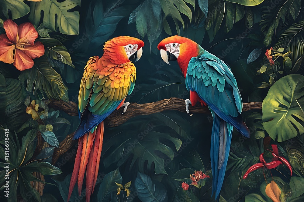 Fototapeta premium Stunning Macaw Parrots in Lush Tropical Rainforest Artwork