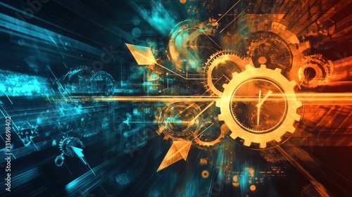 Abstract image featuring clock gears with technical design elements
