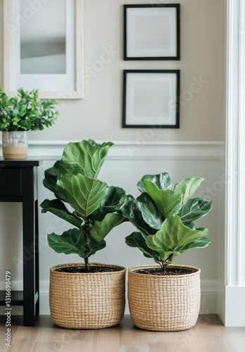 Interior Design With Two Fiddle Leaf Fig Plants in Woven Baskets by a Table i...