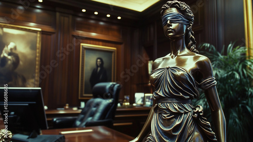 Blindfolded Lady Justice bronze statue in a luxurious law office with books and classic decor.
