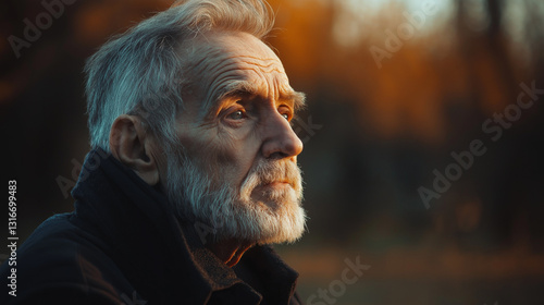 Elderly man lost in deep thought, melancholic but wise expression, natural background, hyper-realistic lighting