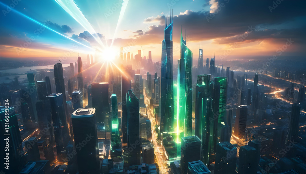 Fototapeta premium Futuristic City Skyline with Sunset and Neon Lights Overhead