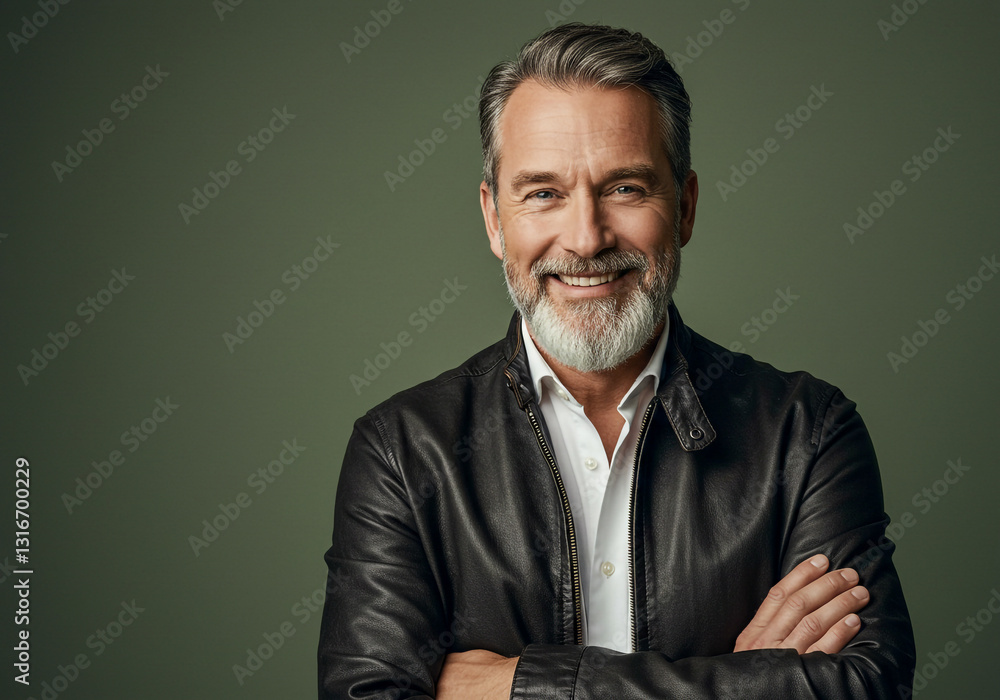 A confident older man with a stylish gray beard, smiling warmly. He wears a black leather jacket over a white shirt, standing against a muted green background with his arms crossed. A confident older man with a stylish gray beard, smiling warmly. He wears a black leather jacket over a white shirt, standing against a muted green background with his arms crossed.