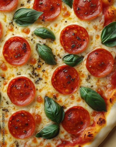 Delicious Pepperoni Pizza Topped With Fresh Basil and Melted Cheese Served on...