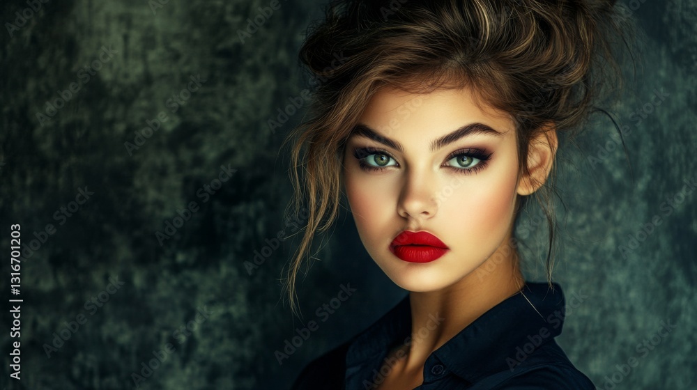 A captivating image of a woman with bold makeup and elegant attire, posing confidently against a dark, dramatic background for a high-fashion feel. A captivating image of a woman with bold makeup and elegant attire, posing confidently against a dark, dramatic background for a high-fashion feel.
