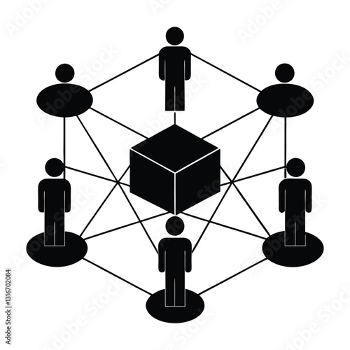 Black and white diagram showing connected figures and a central cube structure. Digital networks Graphic resource for design