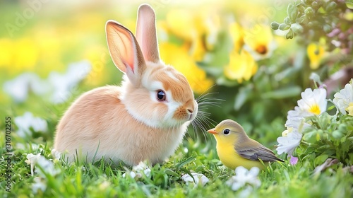 Fototapeta Naklejka Na Ścianę i Meble -  Cute spring animals like bunnies and birds, surrounded by blooming flowers and vibrant foliage