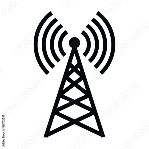 An illustration of a radio tower with transmission waves in a simple black design. Digital networks Graphic resource for design