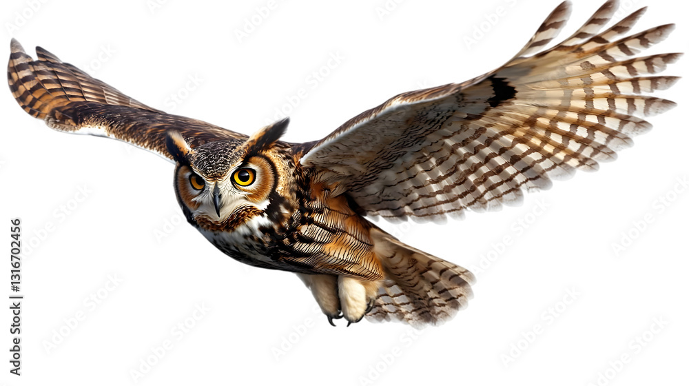 Fototapeta premium Owl Soaring, Wings Spread Wide on White