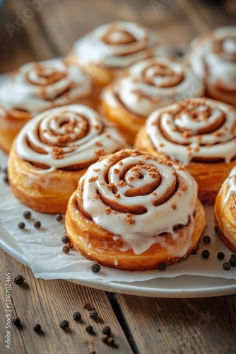 Freshly Baked Cinnamon Rolls on Wooden Tray With Creamy Icing