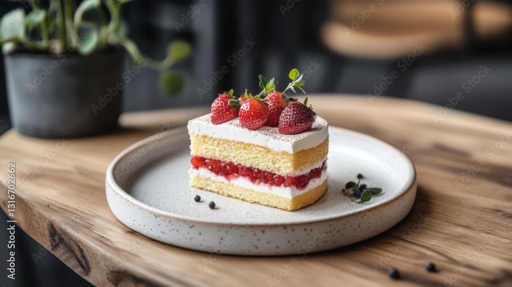 A close-up shot of a slice of vanilla cake layered with cream and strawberries, revealing its moist texture, set on a delicate porcelain plate. A close-up shot of a slice of vanilla cake layered with cream and strawberries, revealing its moist texture, set on a delicate porcelain plate.