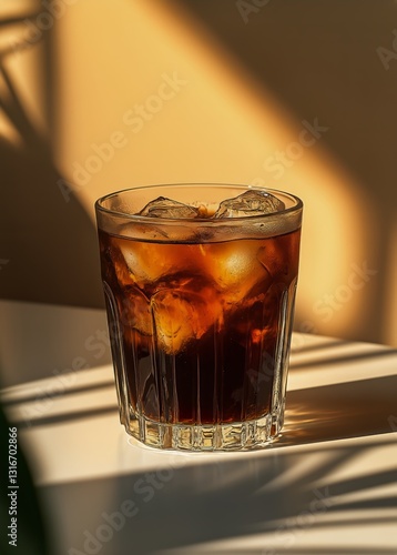 Refreshing Iced Beverage Captured on a Sunlit Table With Floral Decoration