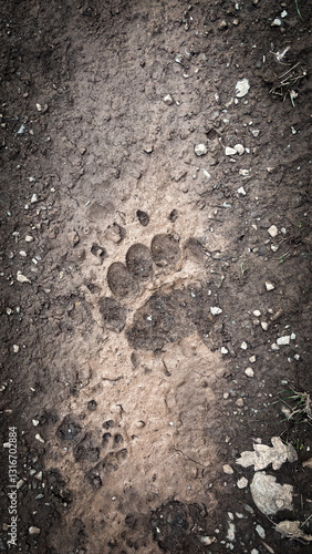 Footstep of a brown bear on the ground