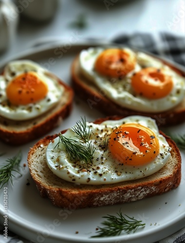 Delicious Breakfast With Fried Eggs on Toasted Bread Garnished With Herbs in ...