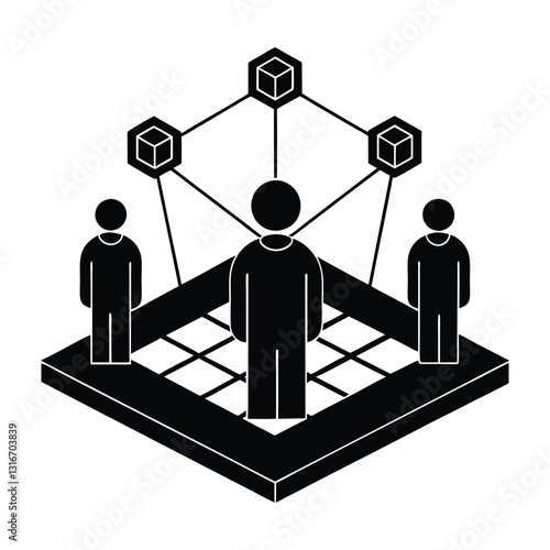 Three figures connected to cubes above standing on a grid in black and white style. Digital networks Graphic resource for design