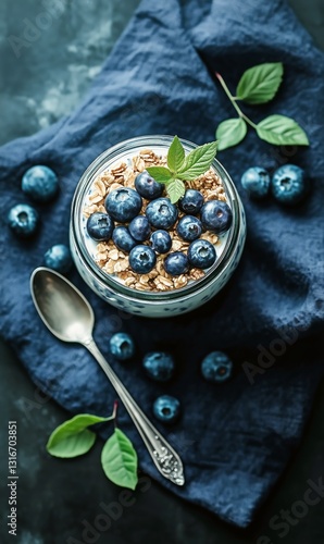 Delicious Yogurt Parfait With Blueberries and Granola Served in a Glass Jar o...