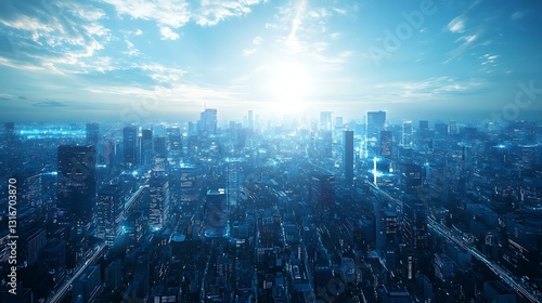 Wallpaper Mural Futuristic cityscape of Tokyo, viewed from above with glowing skyscrapers, tech hubs, and intricate infrastructure under a bright blue sky Torontodigital.ca