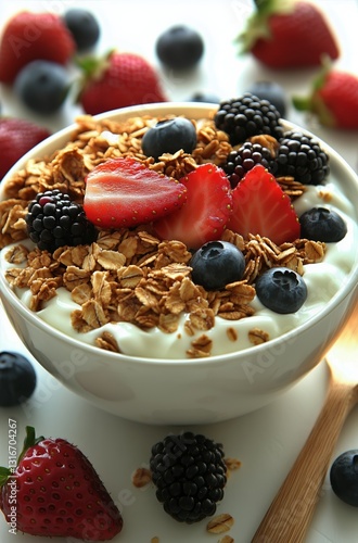 Bowl of Fresh Berries and Granola Served on a Dark Surface for a Healthy Brea...