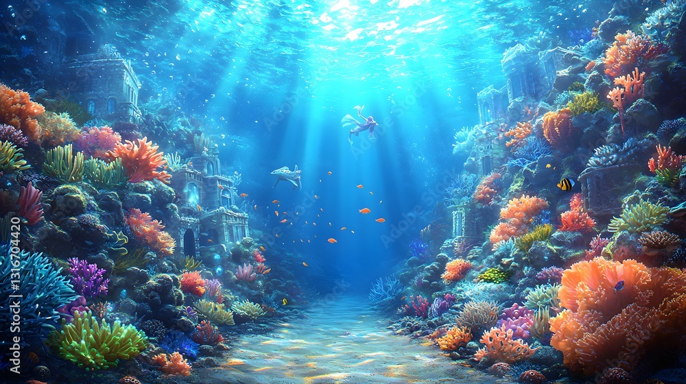Naklejka premium Imaginative Underwater Kingdom with Magical Coral and Fish Life