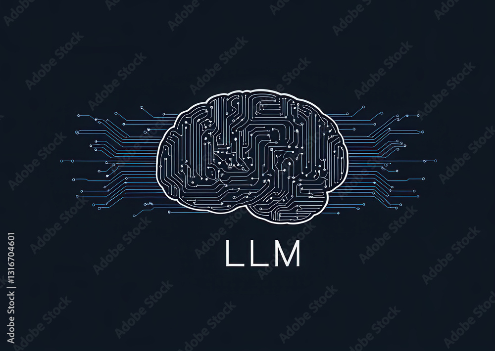 Naklejka premium A futuristic illustration of a brain with circuit patterns, symbolizing the intersection of technology and artificial intelligence.