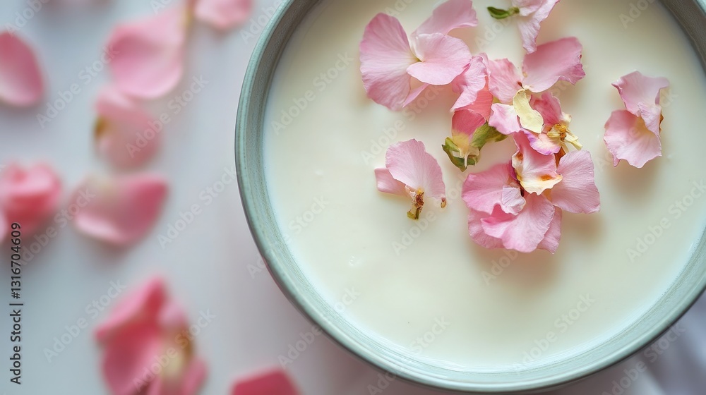 Chamomile panna cotta topped with edible petals, elegant and soothing Chamomile panna cotta topped with edible petals, elegant and soothing