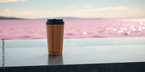 Polished Bamboo Mug on Glass Tile, Lakeside Scene