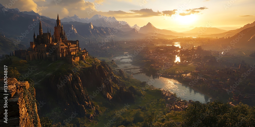 Naklejka premium Epic sunset view of a majestic castle perched atop a mountain, overlooking a sprawling valley and river. Fantasy landscape.