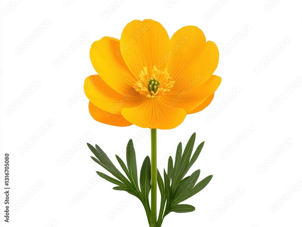 Vibrant yellow flower with green leaves, isolated on white background, ideal for decoration Vibrant yellow flower with green leaves, isolated on white background, ideal for decoration