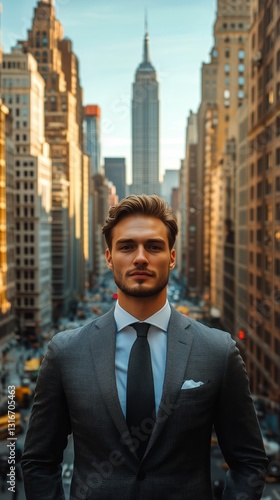 Business Professional Poses Confidently in Busy City Street During Twilight H...