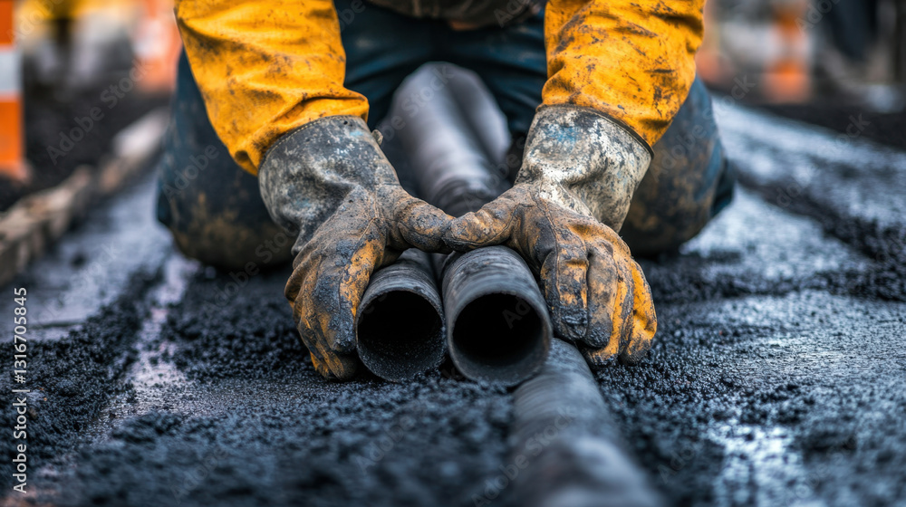 Workers position steel pipes on newly placed asphalt, ensuring precise alignment for effective road construction Workers position steel pipes on newly placed asphalt, ensuring precise alignment for effective road construction