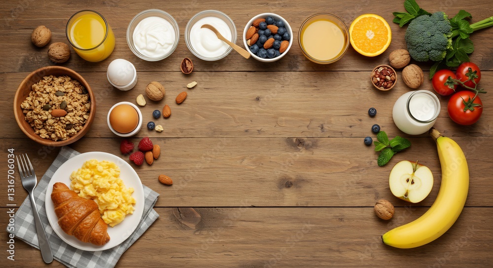 Fototapeta premium Healthy Breakfast Foods Arranged on Rustic Wooden Table. AI Generated