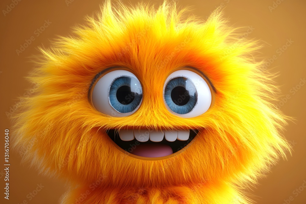 Fototapeta premium Fuzzy Sunshine: Adorable Yellow 3D Monster Cartoon