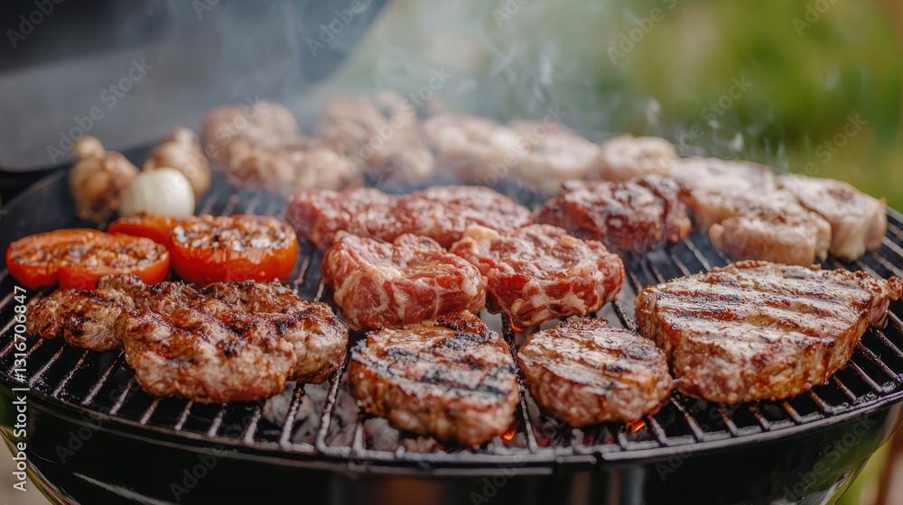 A sizzling barbecue featuring various meats and vegetables grilling on a charcoal grill, surrounded by smoke in an outdoor setting. A sizzling barbecue featuring various meats and vegetables grilling on a charcoal grill, surrounded by smoke in an outdoor setting.