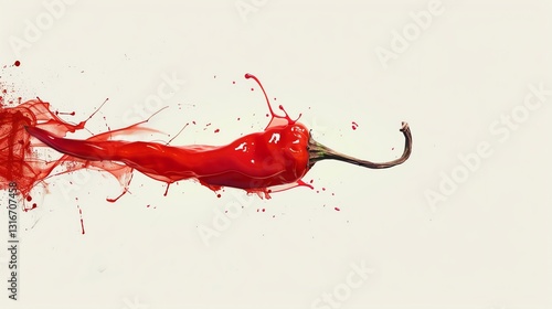 A red chili pepper with a trail of red paint splashes behind it, as if it's exploding.