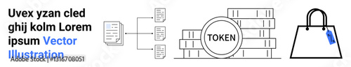 Blockchain token stack, data flow diagram, and shopping bag with price tag. Ideal for blockchain, cryptocurrency, data management, e-commerce, finance, technology flat landing page banner